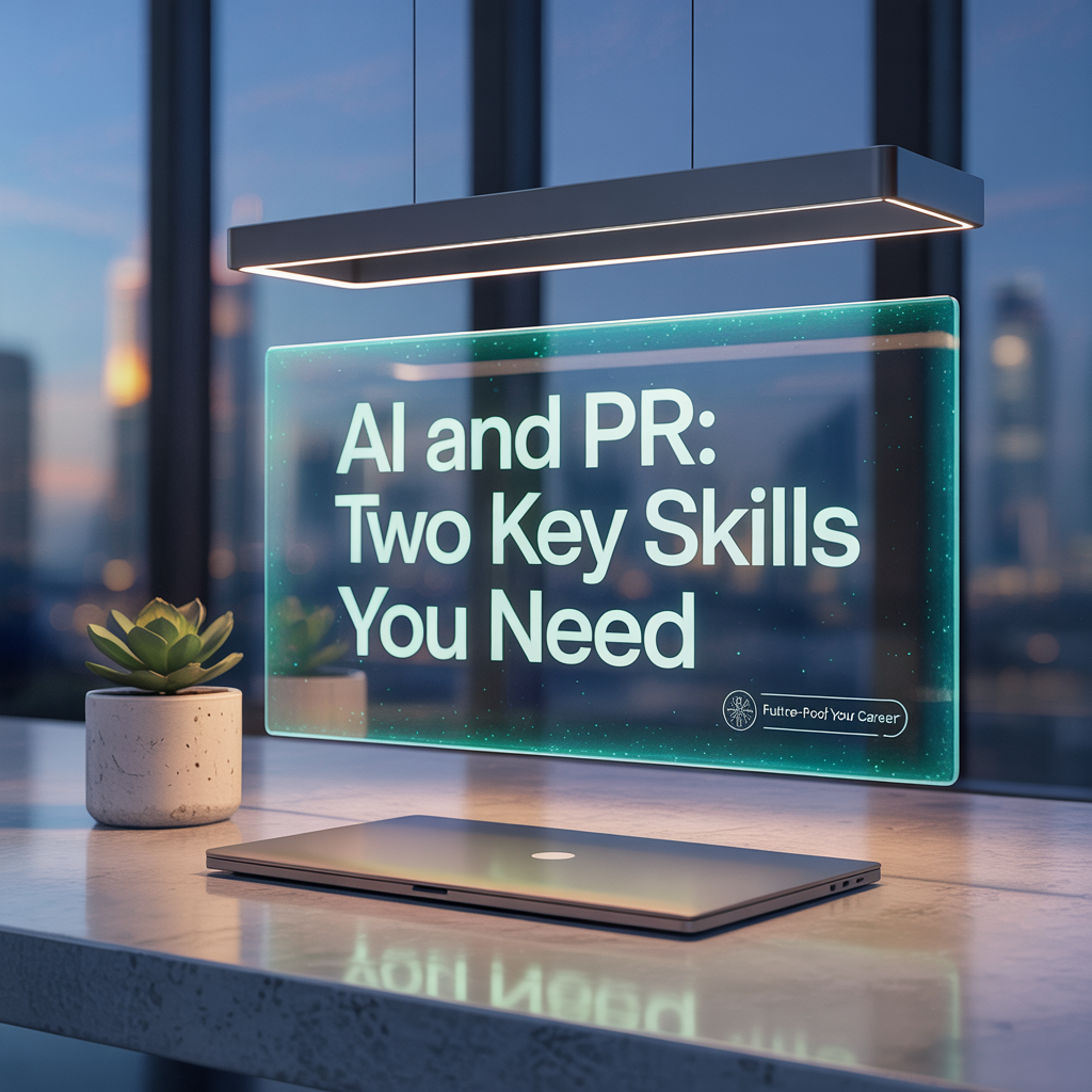 Holographic image of sign with "AI and PR: Two Key Skills You Need" over laptop