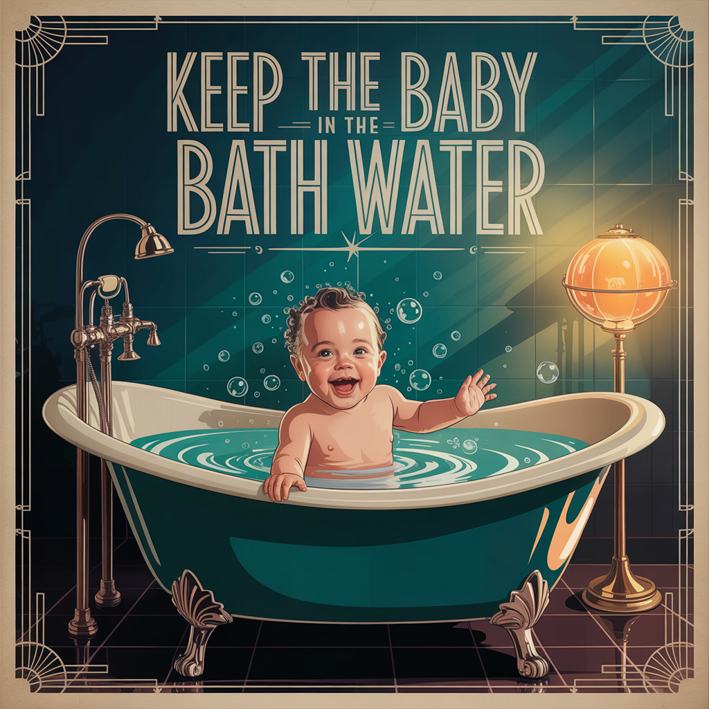 Art-deco-style poster with a baby in a bathtub and the slogan "Keep the baby in the bath water"