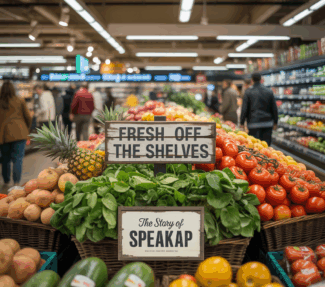 Two signs in a supermarket produce section. On top, the caption reads "Fresh Off The Shelves" and the second "The Story of Speakap"