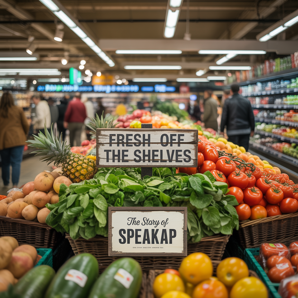 Two signs in a supermarket produce section. On top, the caption reads "Fresh Off The Shelves" and the second "The Story of Speakap"