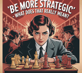 Vintage poster of communication leader at chessboard with caption:"Be more strategic-what does that really mean?"