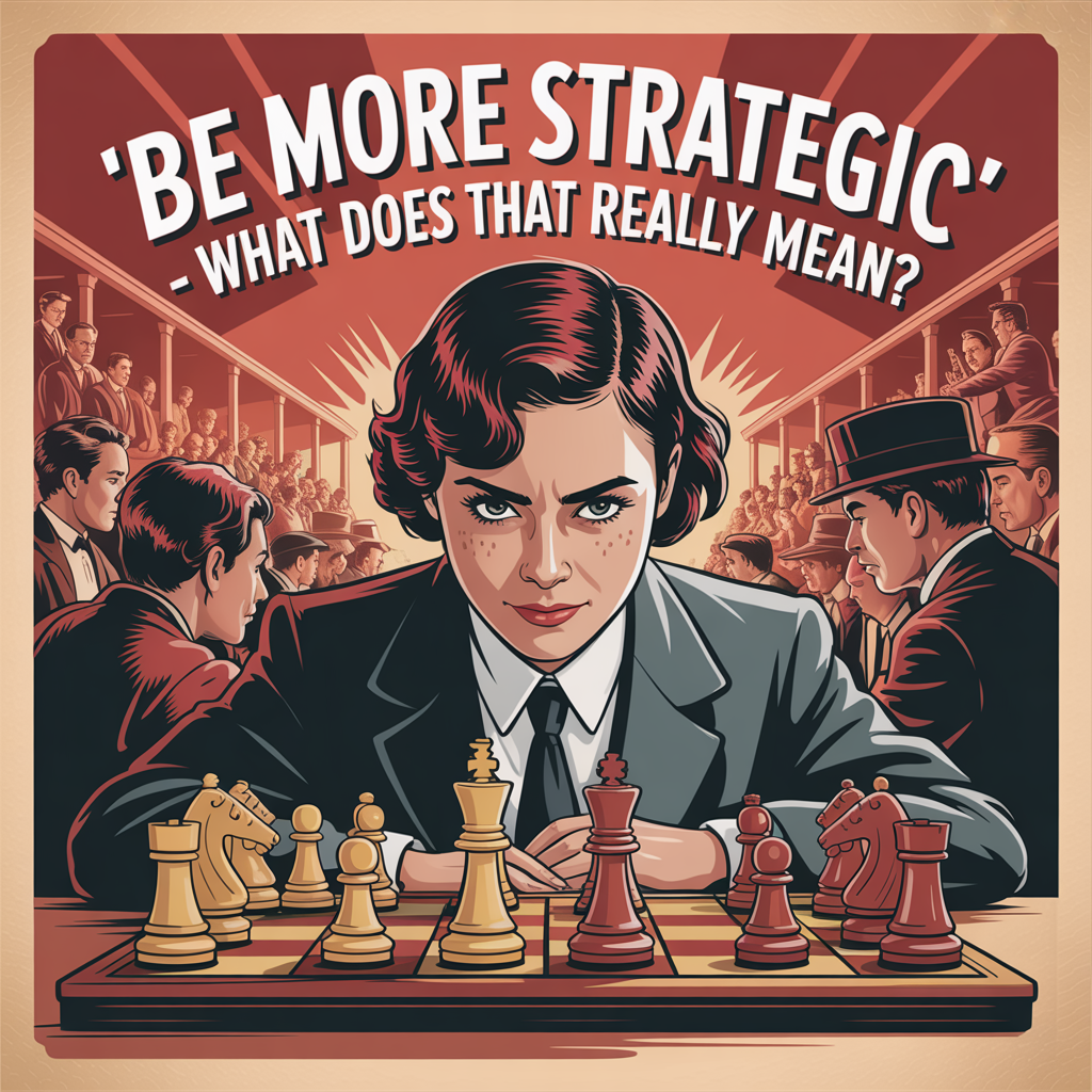 Vintage poster of communication leader at chessboard with caption:"Be more strategic-what does that really mean?"