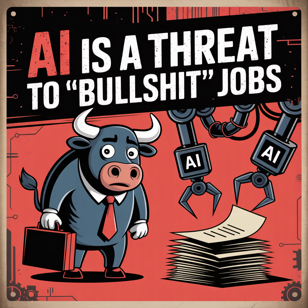 Image of confused looking bull in a business suit watching a clawed machine taking the stack of papers in front of him with banner text above"AI is a threat to bullshit jobs"