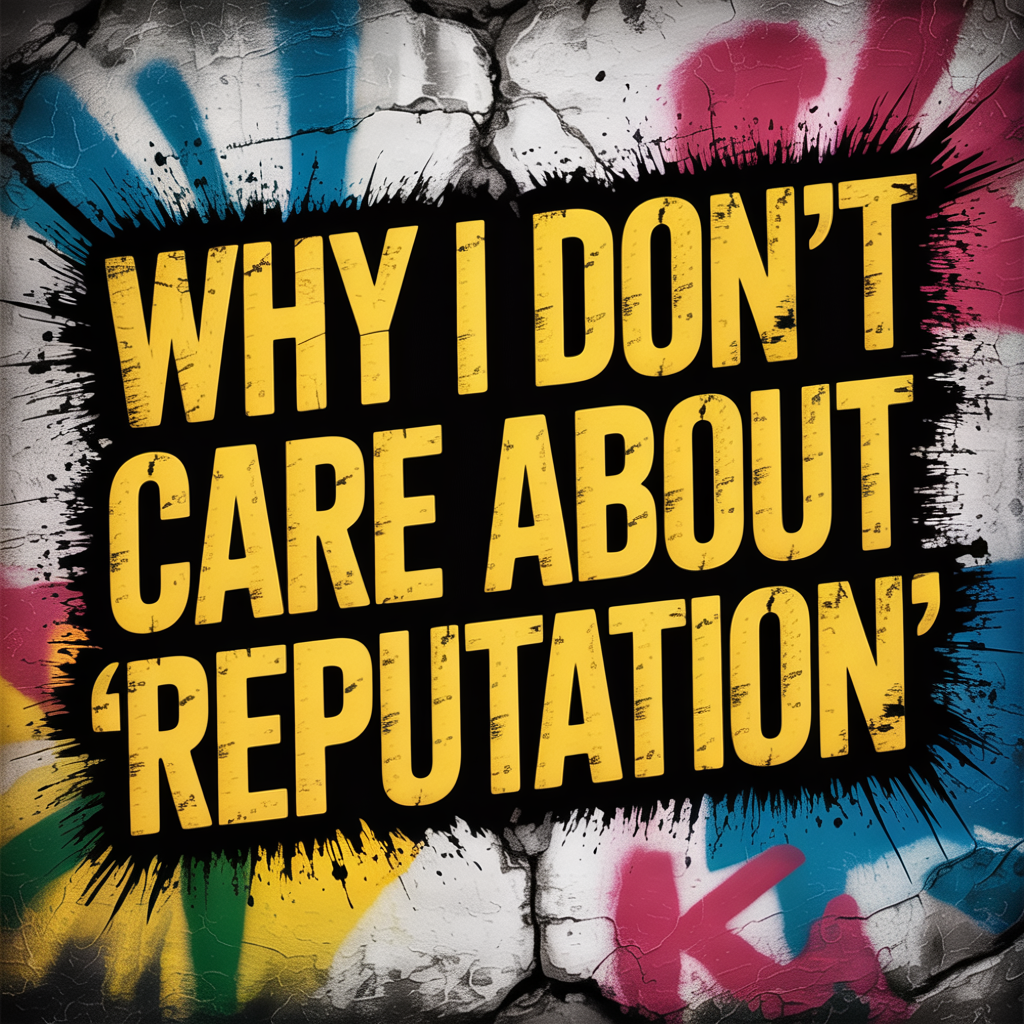 Brash brightly colored poster saying "Why I Don't Care About Reputation"