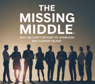 "The Missing Middle - Why We Can't Afford to Overlook Mid-Career Talent" atop a mix of shadowed suited employees