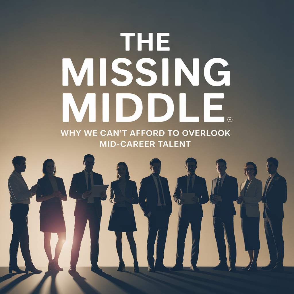 "The Missing Middle - Why We Can't Afford to Overlook Mid-Career Talent" atop a mix of shadowed suited employees