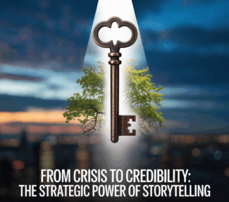 A key floating against a landscape background with the text "From Crisis to Credibility: The Strategic Power of Storytelling"