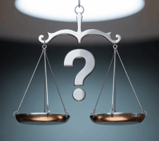 Photo-like image of scales of justice with a question mark in the middle