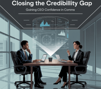 CEO and Communication leader in conversation with translucent screen images and text: "Closing the Credibility Gap: Gaining CEO Confidence in Comms"