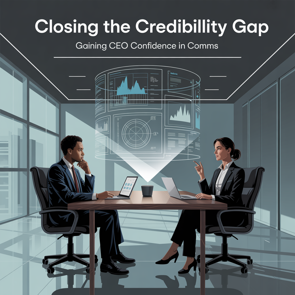CEO and Communication leader in conversation with translucent screen images and text: "Closing the Credibility Gap: Gaining CEO Confidence in Comms"