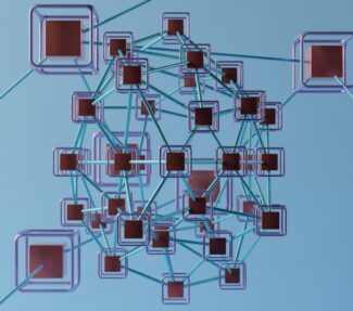 Stylized network diagram with boxes as nodes