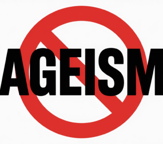 The word "ageism" atop the international circle-slash "NO" symbol
