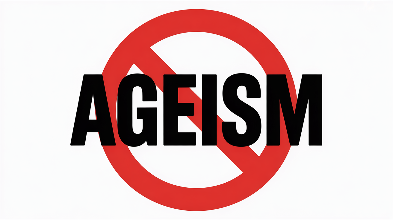 The word "ageism" atop the international circle-slash "NO" symbol