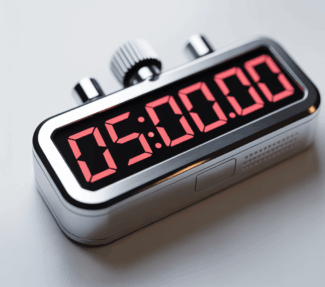 A digital stopwatch showing five minutes to go