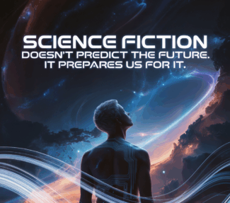 "Science Fiction doesn't predict the future. It prepares us for it? Caption above an abstract picture of a human looking towards space