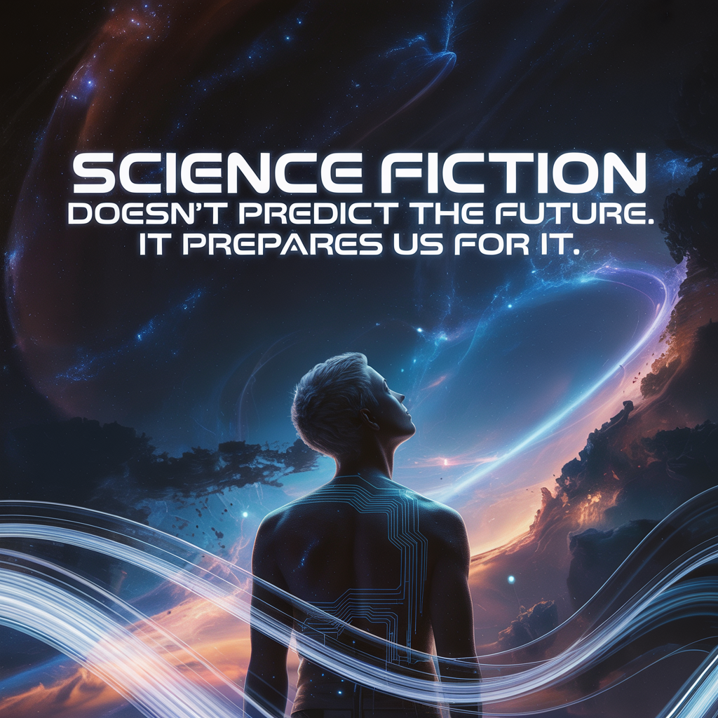"Science Fiction doesn't predict the future. It prepares us for it? Caption above an abstract picture of a human looking towards space