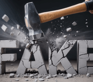 the word "FAKE" in the form of a cement block being smashed by a hammer