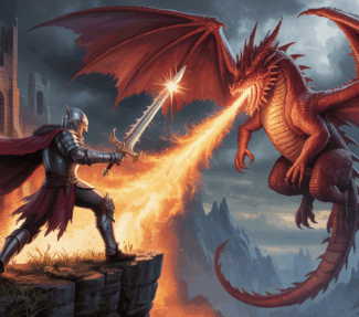 Dramatic fantasy illustration of a hero doing battle with a dragon