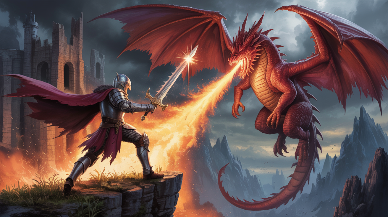 Dramatic fantasy illustration of a hero doing battle with a dragon