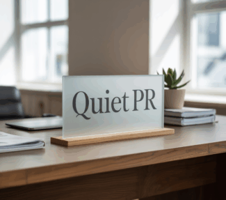 "Quiet PR" on a desk name badge on an office desk