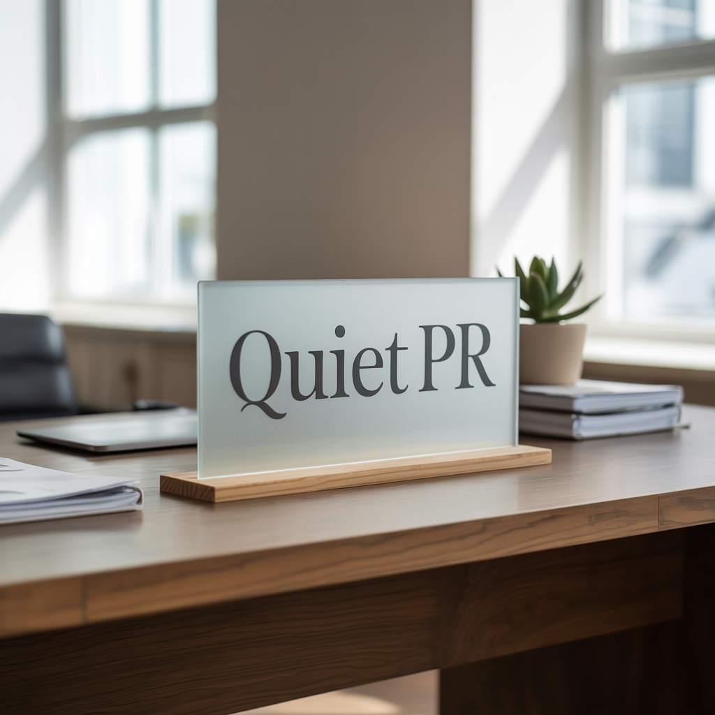 "Quiet PR" on a desk name badge on an office desk