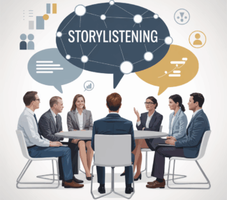 The word "storylistening" in a thought bubble above an illustrated conversation of office employees at a conference table