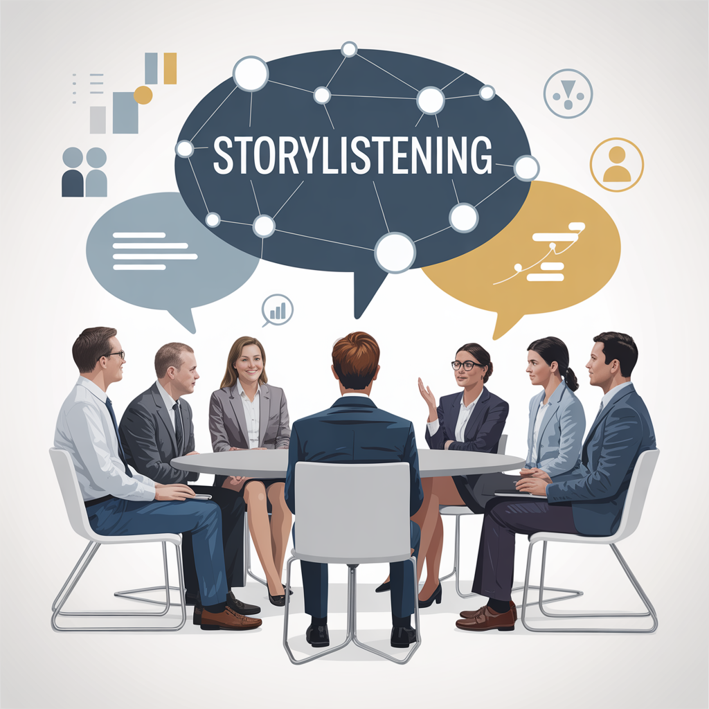 The word "storylistening" in a thought bubble above an illustrated conversation of office employees at a conference table