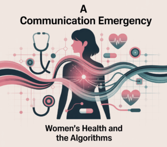 An image of a woman surrounded by medical images with the text: "A communicaiton emergency: women's health and the algorithms'