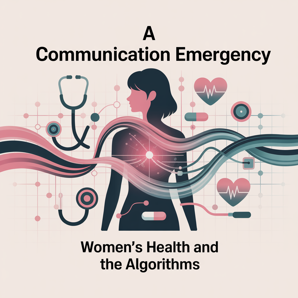 An image of a woman surrounded by medical images with the text: "A communicaiton emergency: women's health and the algorithms'