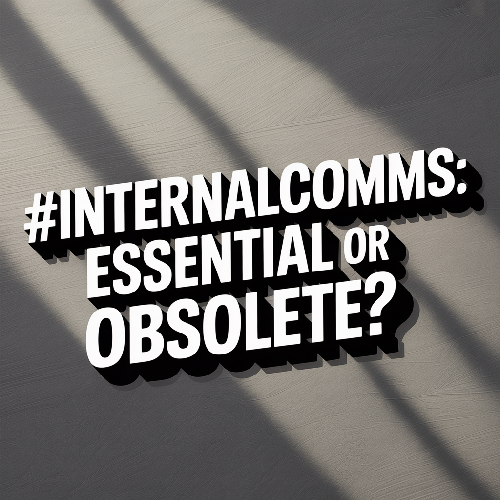 "#InternalComms: Essential or Obsolete?" words shadowed against a charcoal gray background