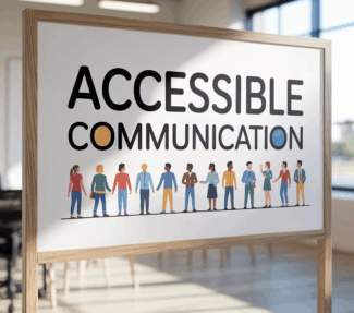 Whiteboard showing the words "Accessible Communication" with a row of illustrated people on the line below