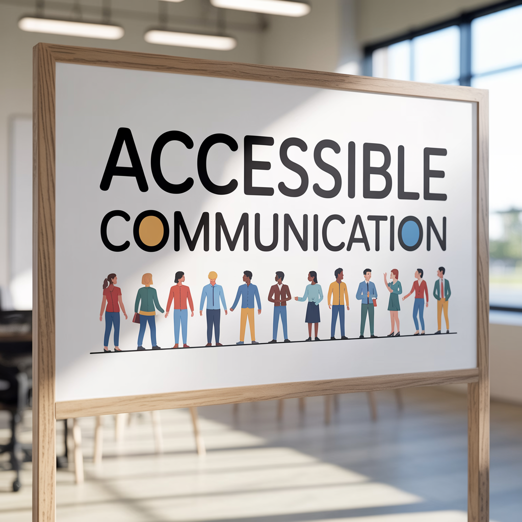Whiteboard showing the words "Accessible Communication" with a row of illustrated people on the line below