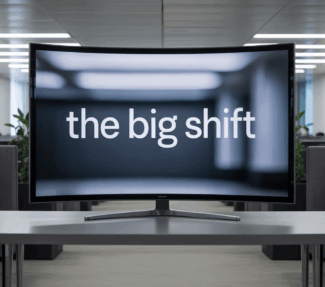 "The Big Shift" in white letters on a curved television screen