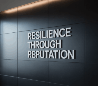 "Resilience Through Reputation" - words in white set into a black wall