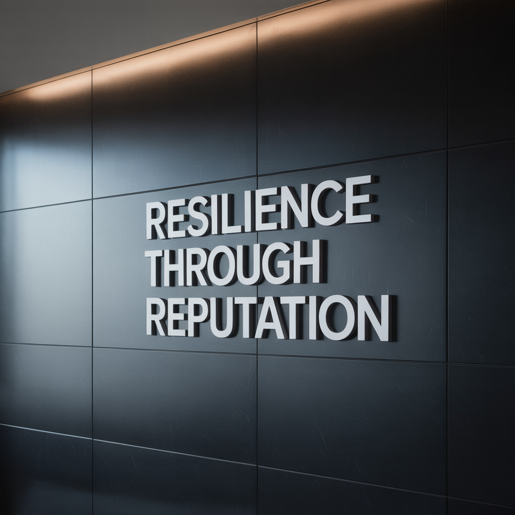 "Resilience Through Reputation" - words in white set into a black wall