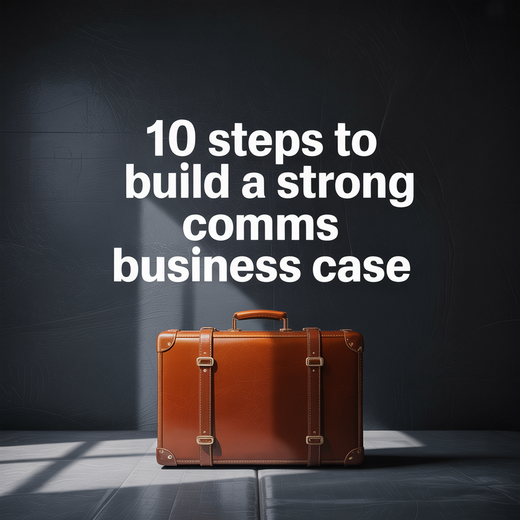 "10 steps to build a strong comms business case" above a brief case against a grey background