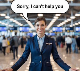 Airline check in agent saying "Sorry, I can't help you"