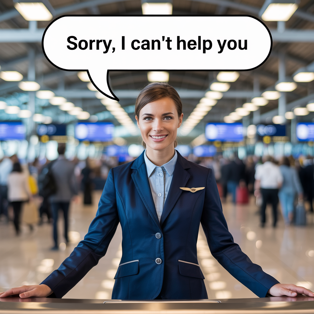 Airline check in agent saying "Sorry, I can't help you"