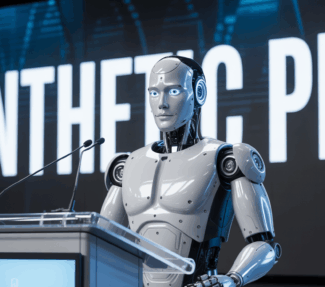 Robot at podium with words "Synthetic PR" behind it