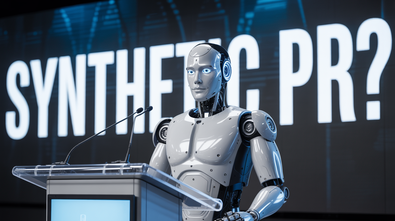 Robot at podium with words "Synthetic PR" behind it