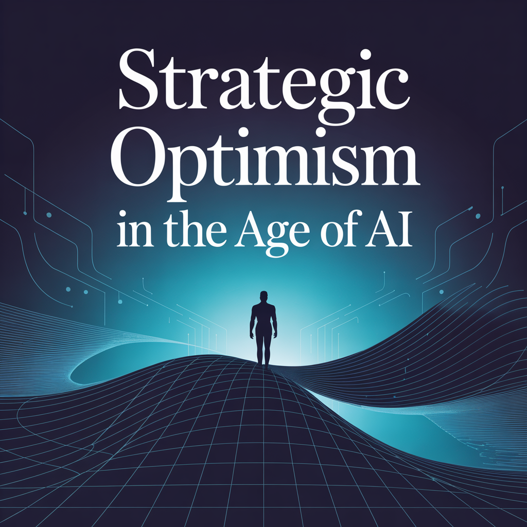 "Strategic Optimism in the age of AI" on blue background with small human figure against a bright light