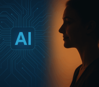 Image of woman on right next to image of a computer chip with the word AI centred on the left side