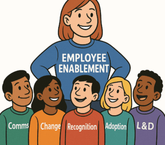 A picture of a woman wearing an "employee enablement" sweatshirt above people wearing "Comms", "Change", "Recognition", "Adoption", and "L&D"