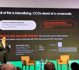 Weber Shandwick CEO Jim O'Leary takes the stage at the ICCO Global Summit in Mumbai