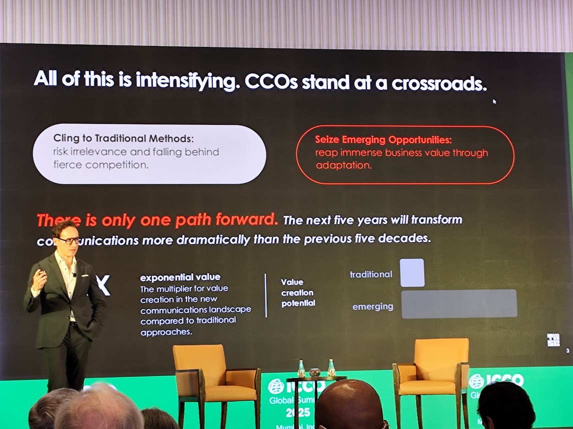 Weber Shandwick CEO Jim O'Leary takes the stage at the ICCO Global Summit in Mumbai