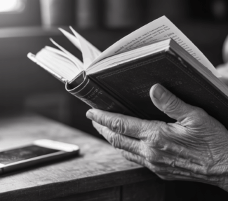 Photo of an old book cradled in the hand of an elderly man with his smartphone sitting untouched on the table next to him