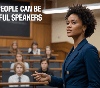 Woman preparing to speak to a full lecture hall with slogan "quiet people can be powerful speakers"