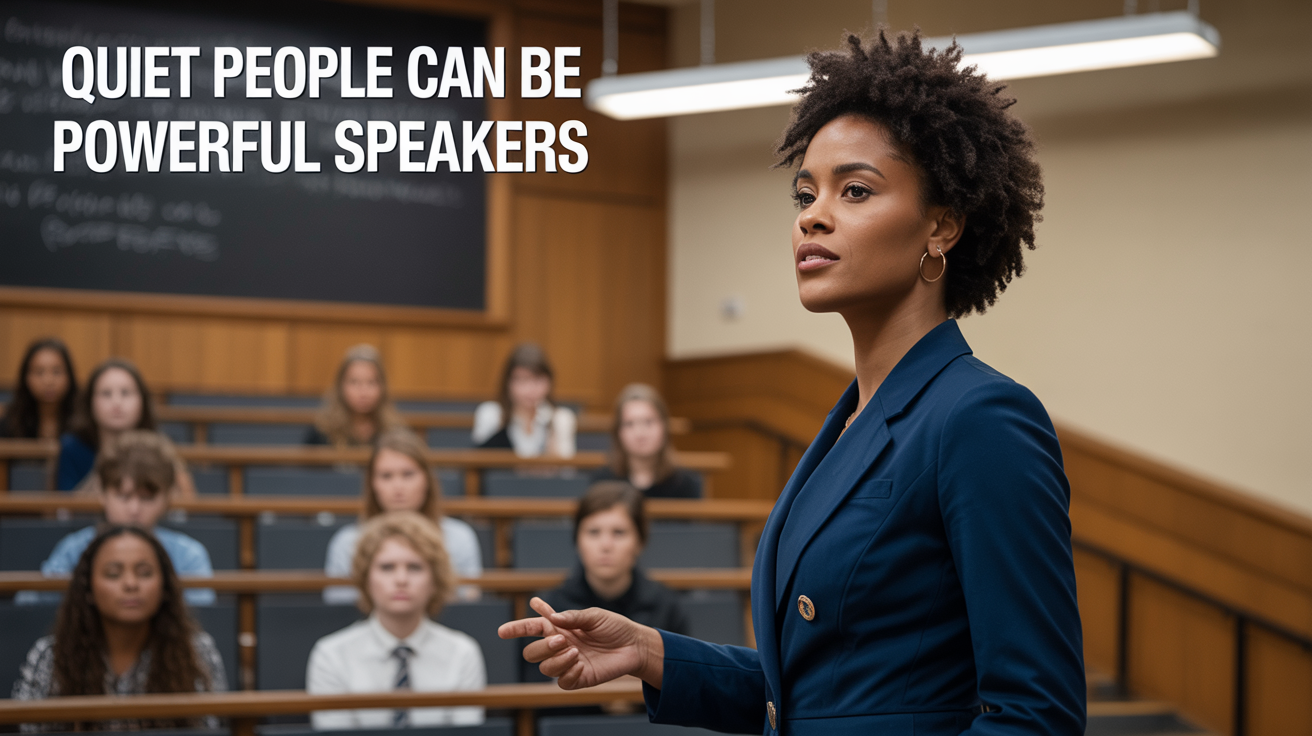Woman preparing to speak to a full lecture hall with slogan "quiet people can be powerful speakers"