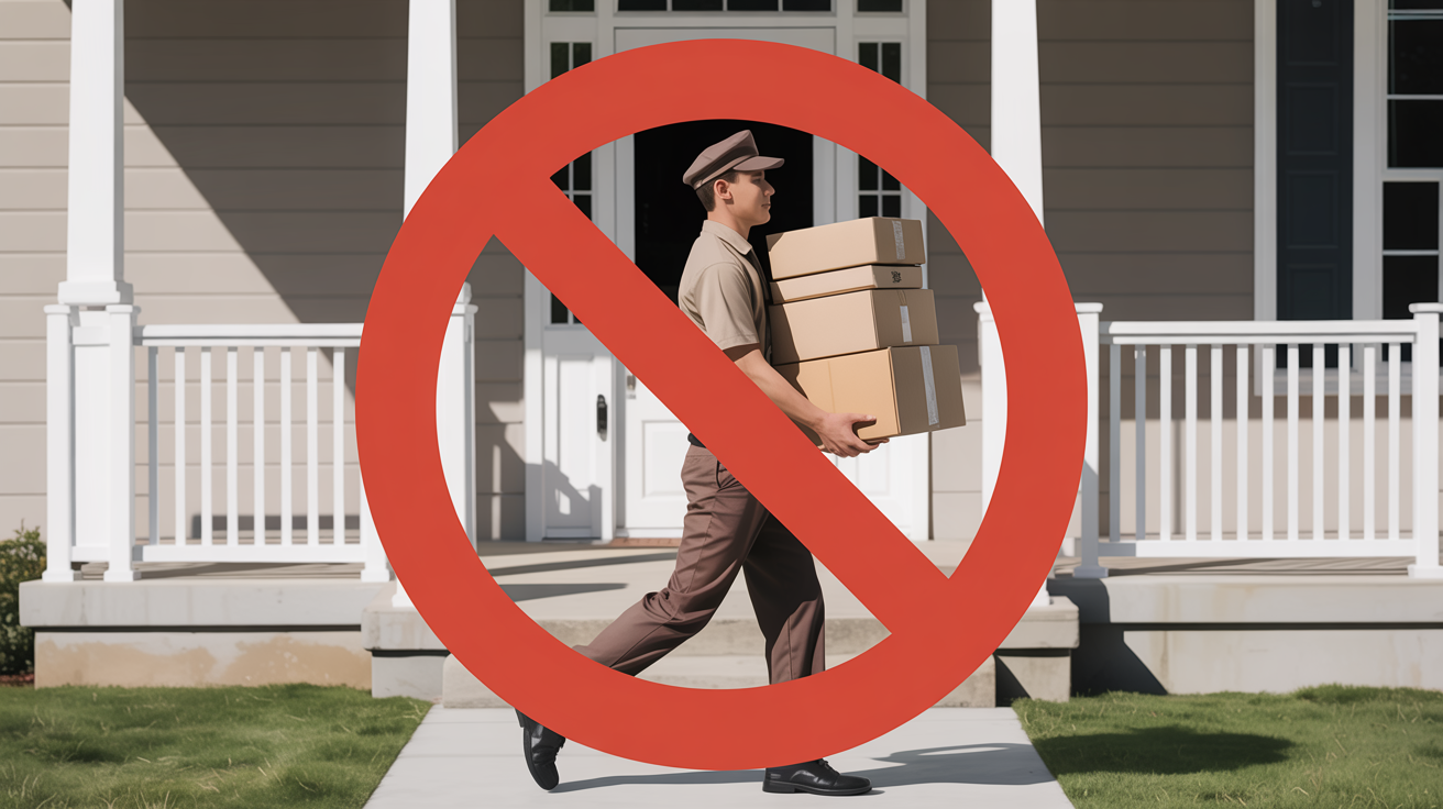 image of delivery man with a stack of parcels with the international circle-slash superimposed on it