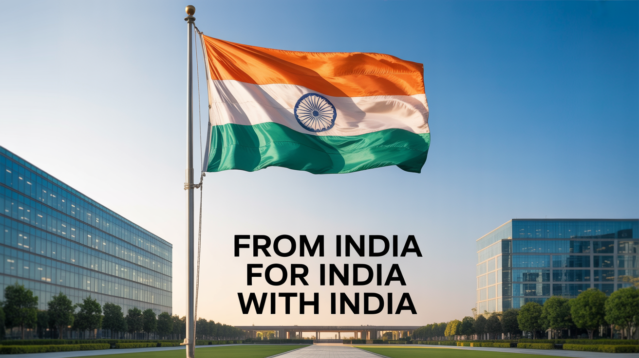 Image of Indian Flag flying over office part above slogan "From India, For India, With India"